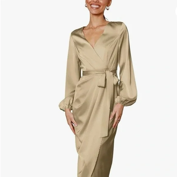 Dresses | Women Satin Dress Deep Vneck Long Sleeve Tie Waist Midi Dresses 7  Khaki Medium | Poshmark